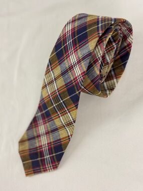 Anderson Little Madras Necktie Brown Red Blue Plaid Tie Preppy Cotton Excellent